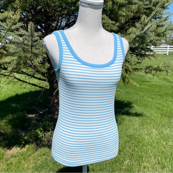 Vintage Tops - Vintage Blue Striped Ribbed Tank Top 70s/80s